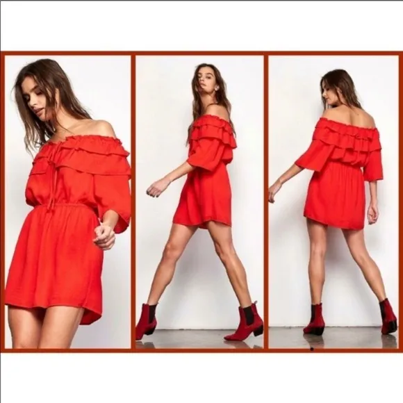 JACK by BB Dakota Revolve Bowser Dress in Poppy Red Off Shoulder Ruffle XS NWT
