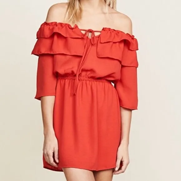 JACK by BB Dakota Revolve Bowser Dress in Poppy Red Off Shoulder Ruffle XS NWT