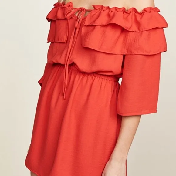 JACK by BB Dakota Revolve Bowser Dress in Poppy Red Off Shoulder Ruffle XS NWT