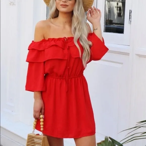 JACK by BB Dakota Revolve Bowser Dress in Poppy Red Off Shoulder Ruffle XS NWT