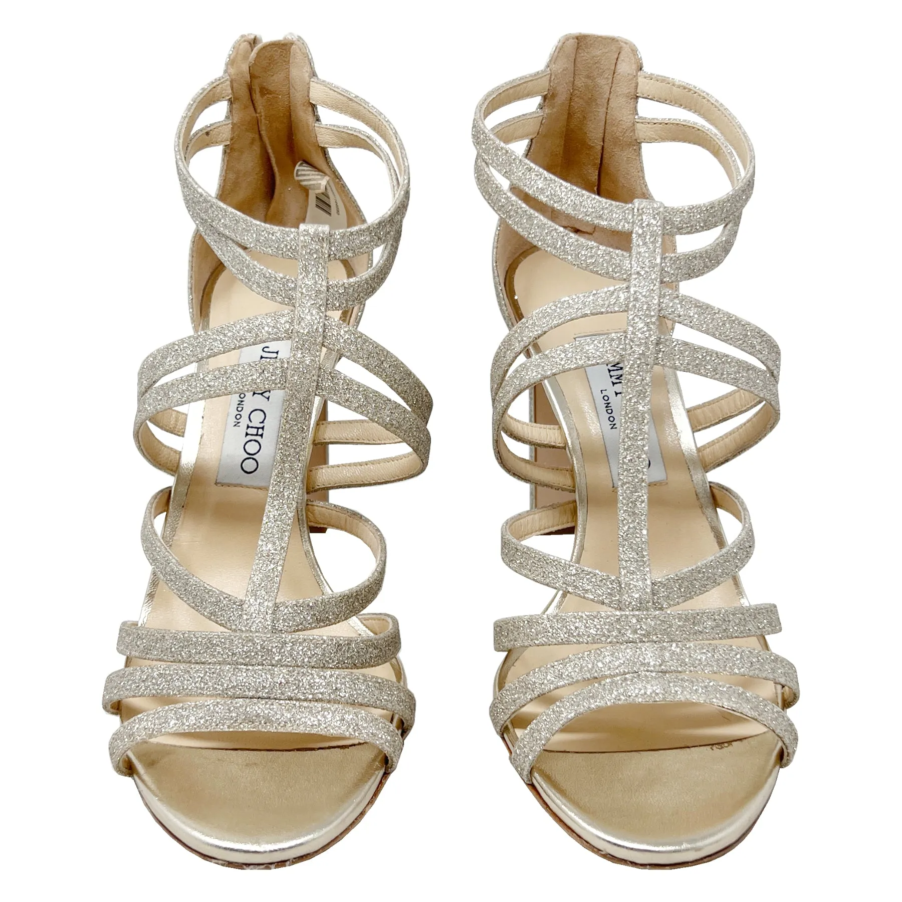Jimmy Choo Selina Gold Metallic Glitter Caged Sandals Size EU 38.5