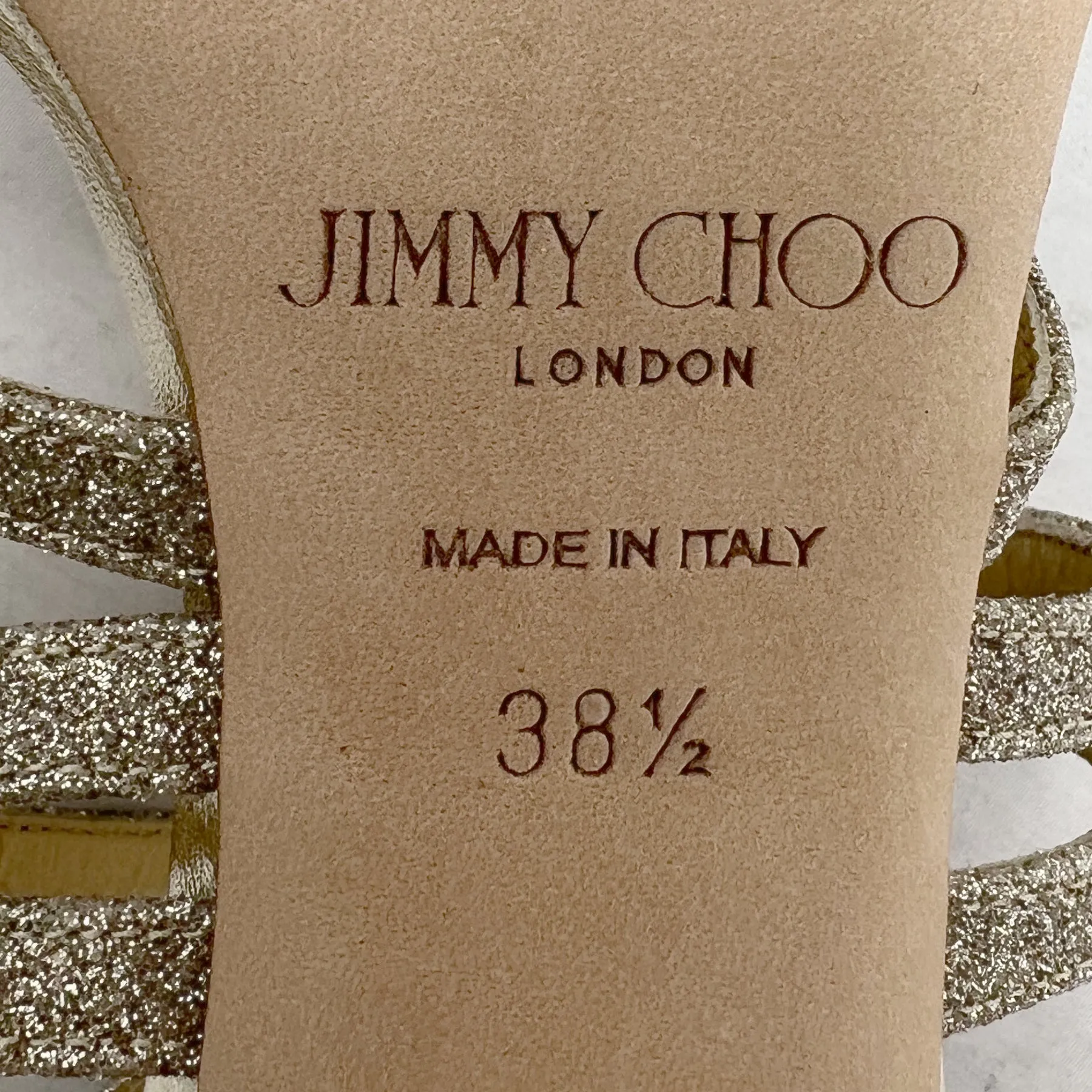Jimmy Choo Selina Gold Metallic Glitter Caged Sandals Size EU 38.5