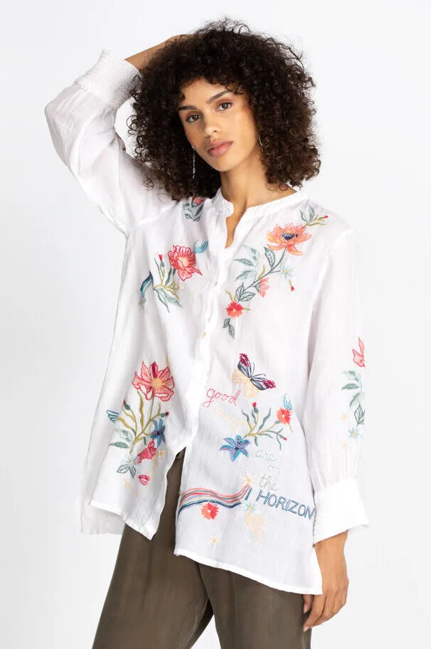 Johnny Was Jordan Voyager Tunic Shirt Floral White Flower Embroidery Top NEW