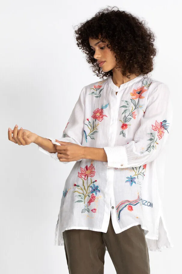 Johnny Was Jordan Voyager Tunic Shirt Floral White Flower Embroidery Top NEW