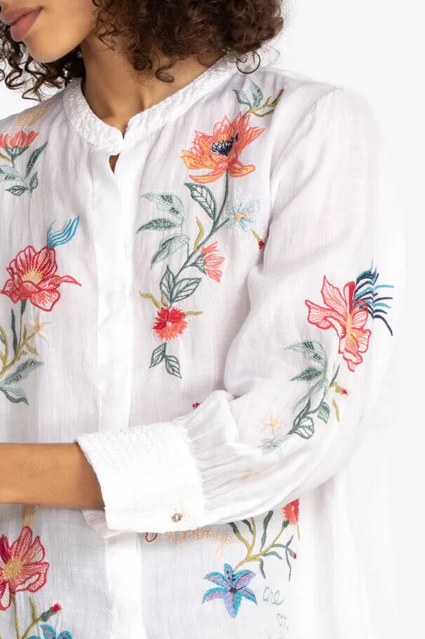 Johnny Was Jordan Voyager Tunic Shirt Floral White Flower Embroidery Top NEW