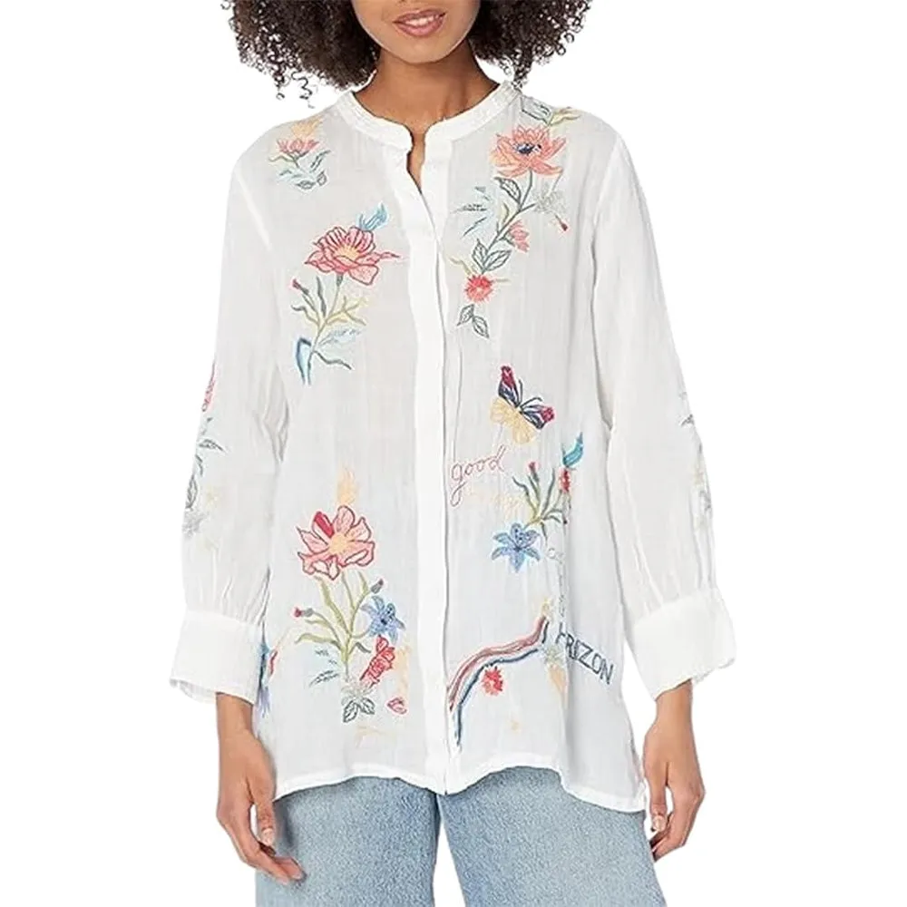 Johnny Was Jordan Voyager Tunic Shirt Floral White Flower Embroidery Top NEW