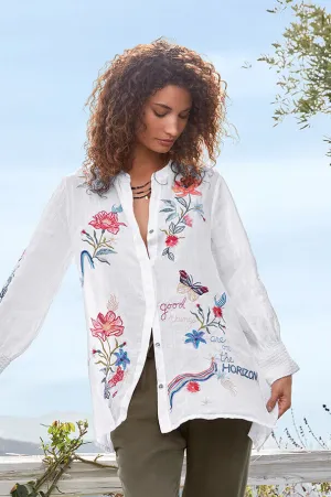 Johnny Was Jordan Voyager Tunic Shirt Floral White Flower Embroidery Top NEW