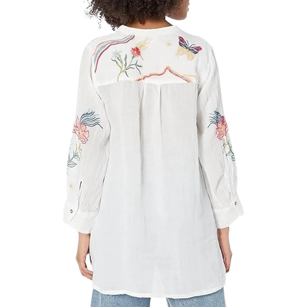 Johnny Was Jordan Voyager Tunic Shirt Floral White Flower Embroidery Top NEW