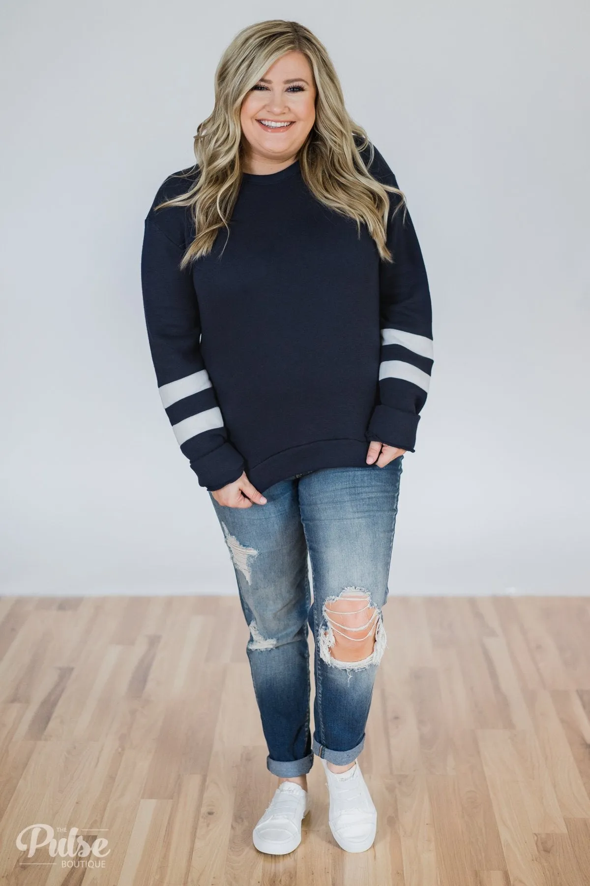 Just As Soft Varsity Stripe Crewneck- Navy