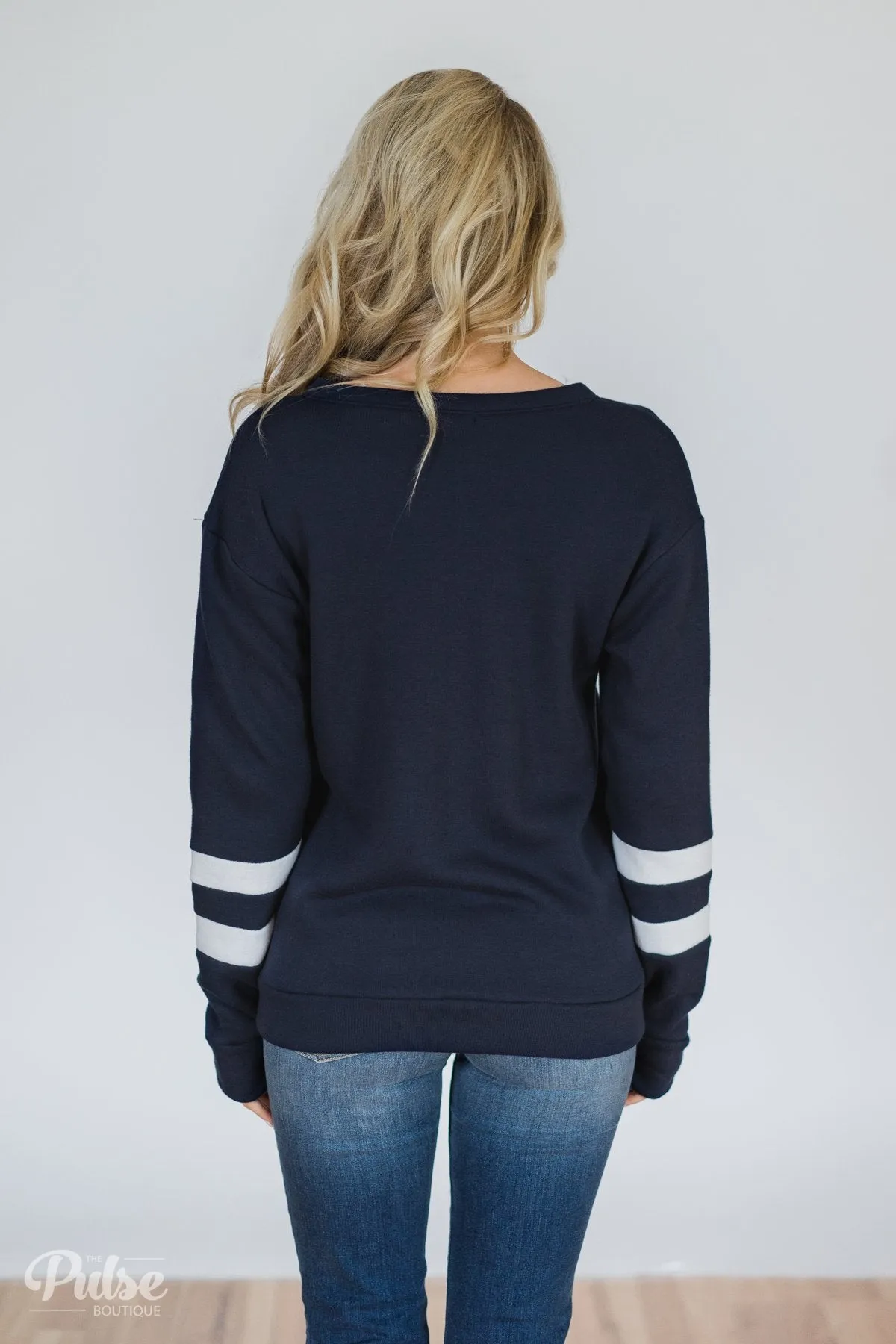 Just As Soft Varsity Stripe Crewneck- Navy