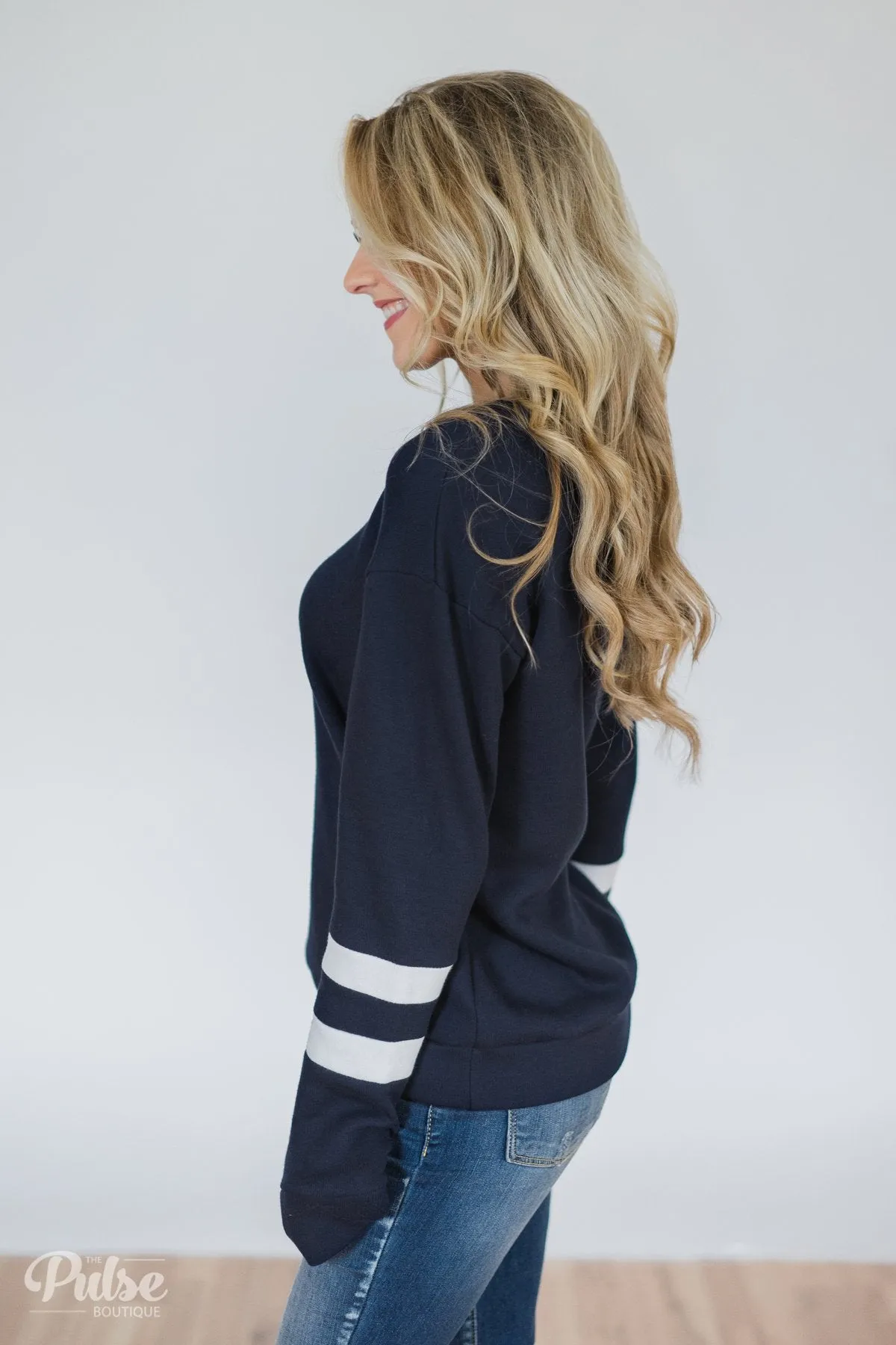 Just As Soft Varsity Stripe Crewneck- Navy