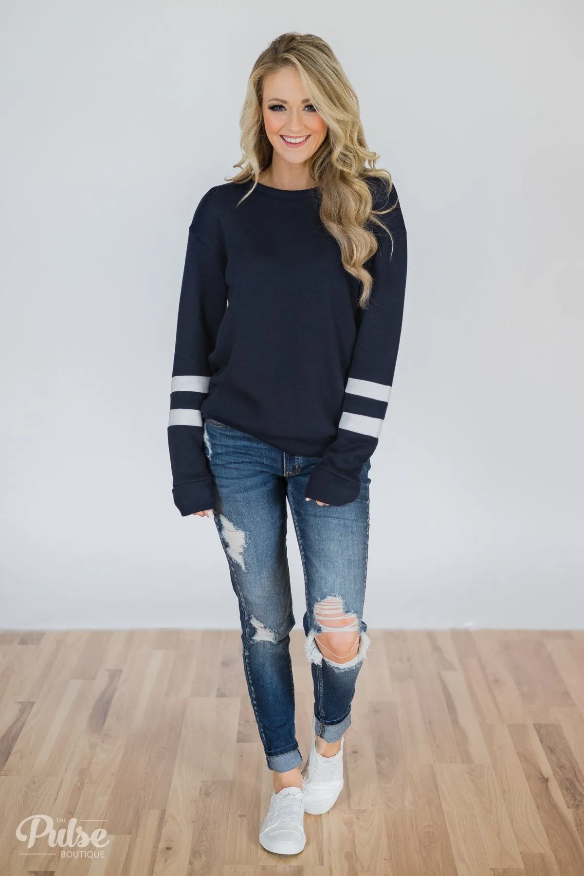 Just As Soft Varsity Stripe Crewneck- Navy