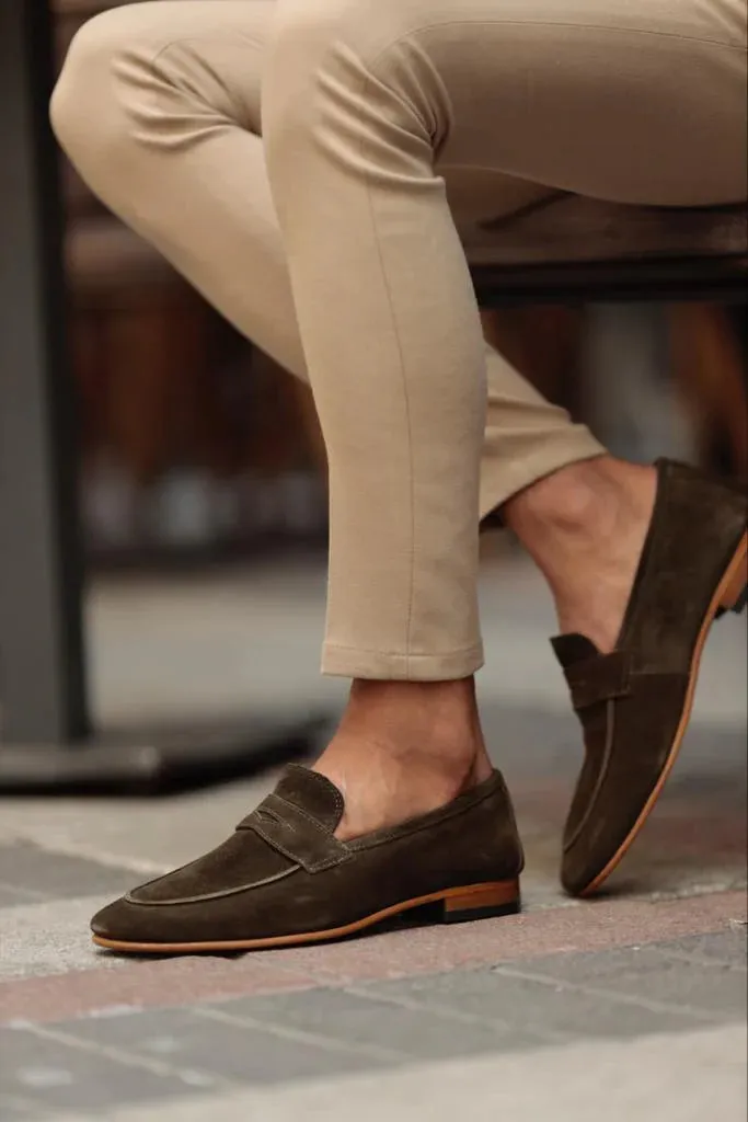 Khaki Suede Penny Loafers - Loafers Shoes