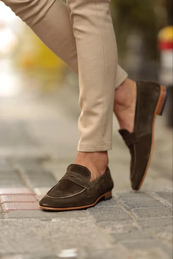 Khaki Suede Penny Loafers - Loafers Shoes