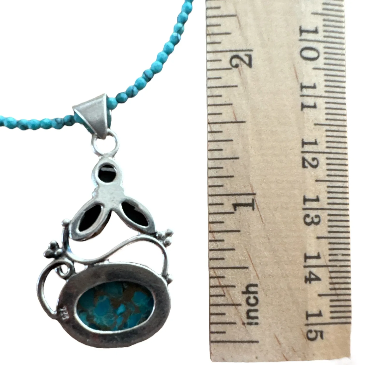 Kingman Blue Copper Turquoise & Onyx Solid 925 Sterling Silver Pendant Necklace