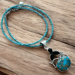Kingman Blue Copper Turquoise & Onyx Solid 925 Sterling Silver Pendant Necklace