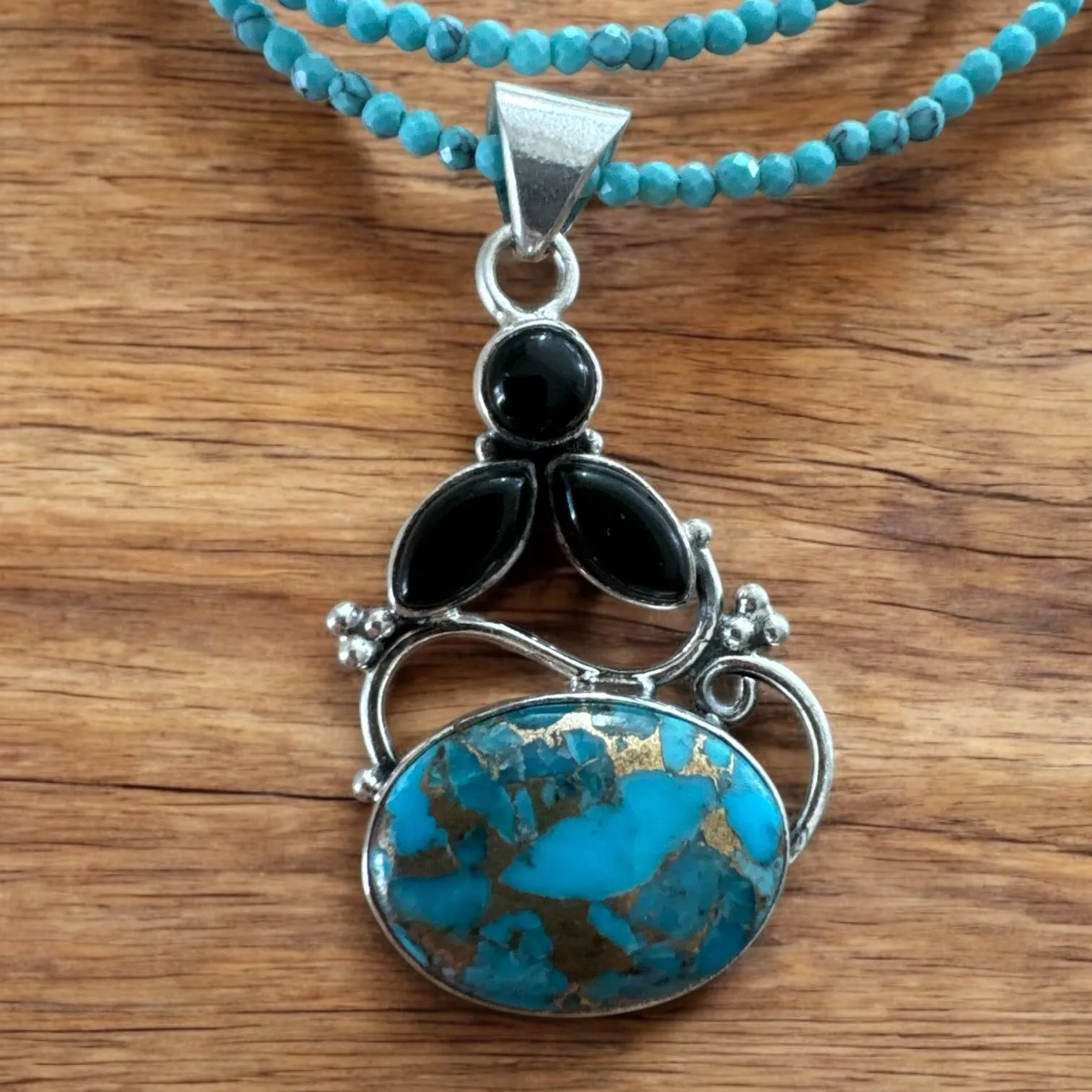 Kingman Blue Copper Turquoise & Onyx Solid 925 Sterling Silver Pendant Necklace