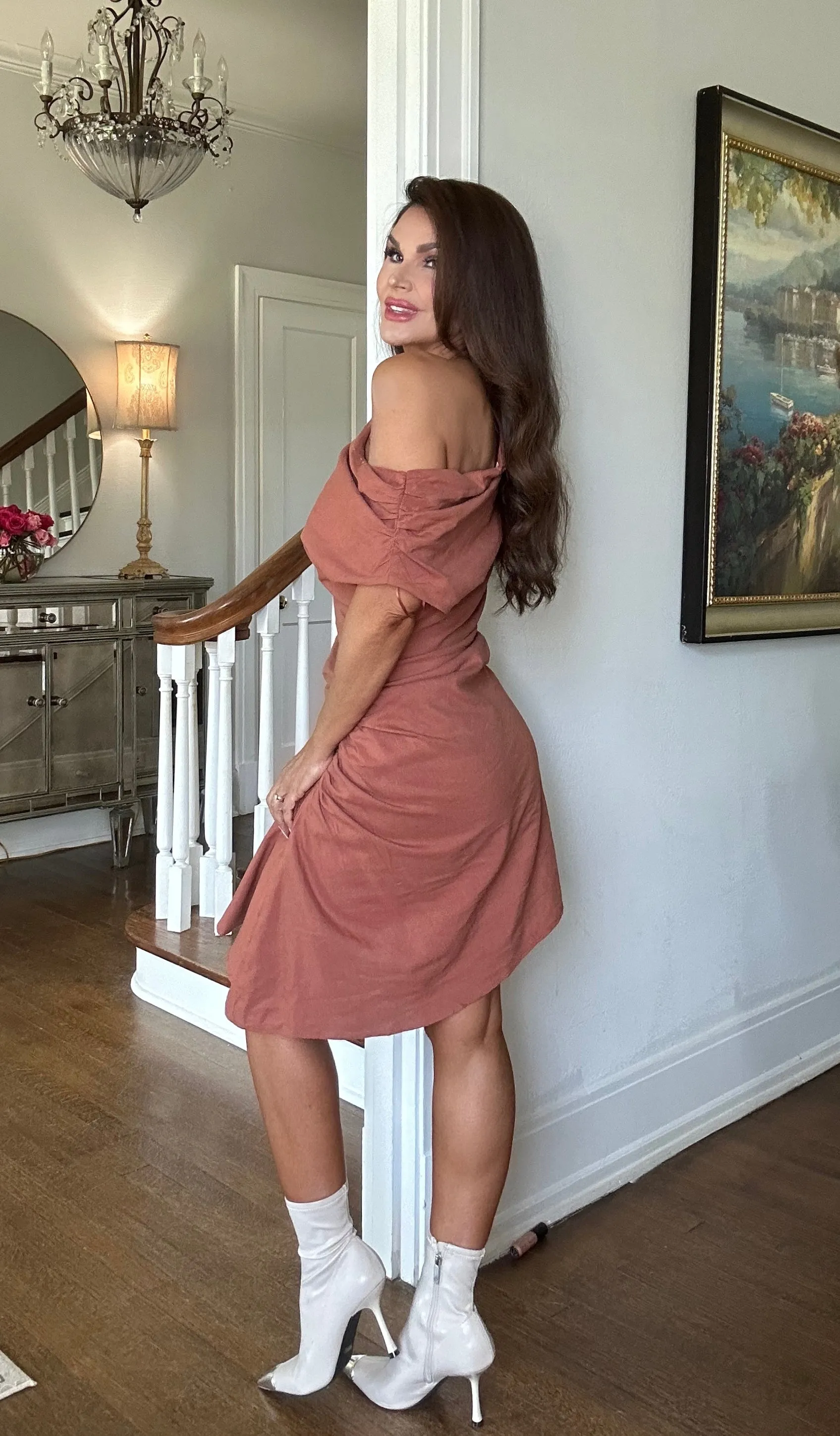 Kinsley rust asymmetric linen mini dress