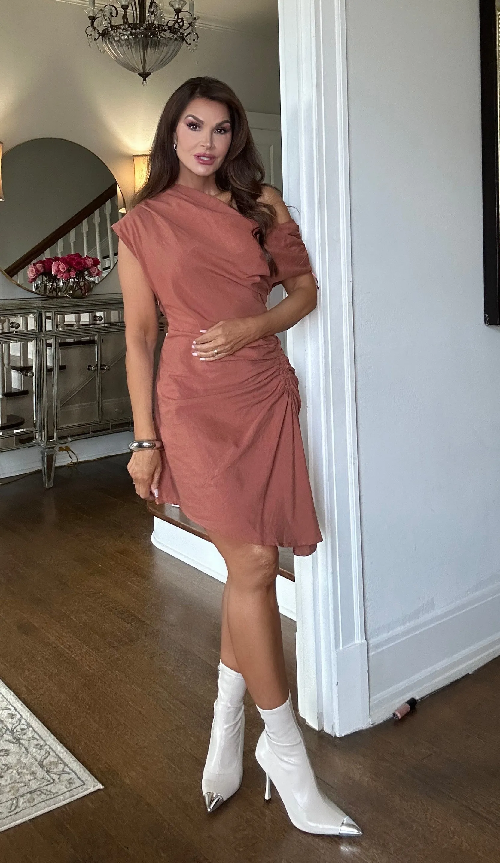Kinsley rust asymmetric linen mini dress