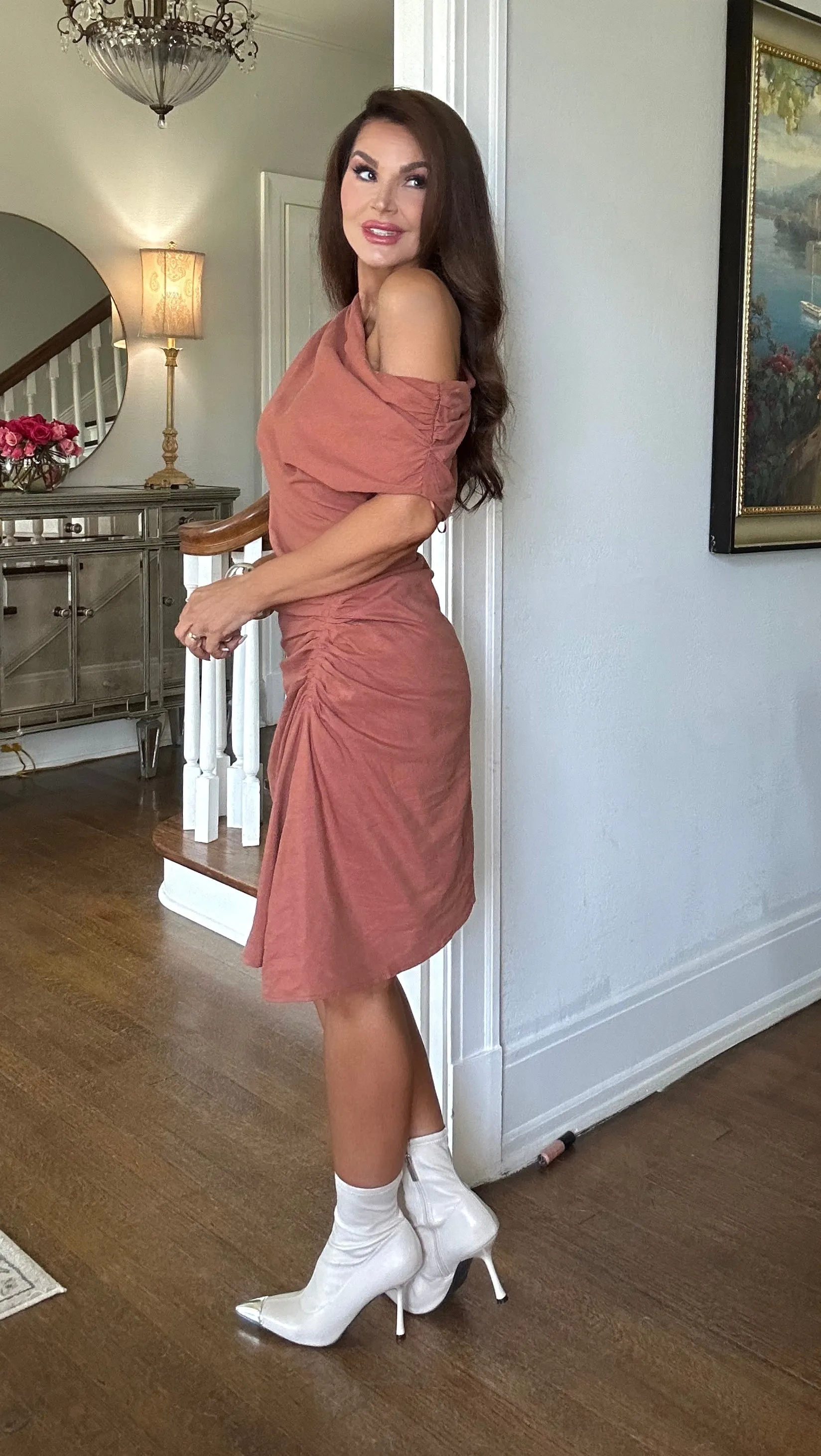 Kinsley rust asymmetric linen mini dress