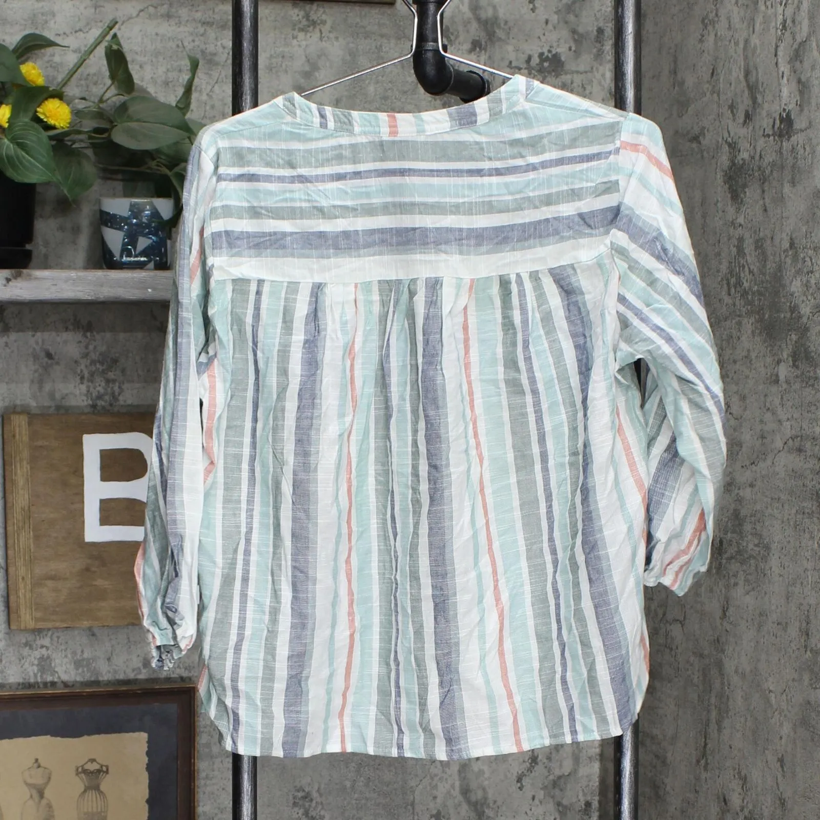 Knox Rose Women's Bishop Long Sleeve Embroidered Top White Striped S