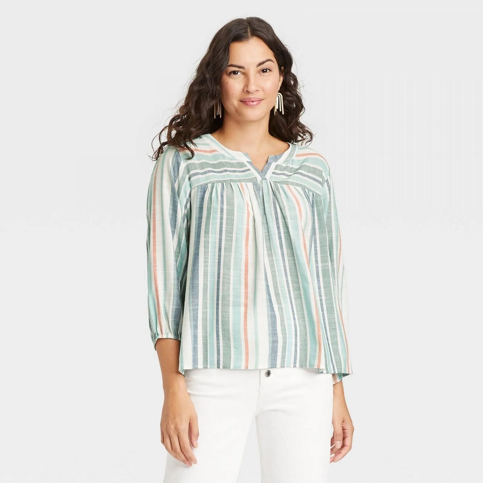 Knox Rose Women's Bishop Long Sleeve Embroidered Top White Striped S