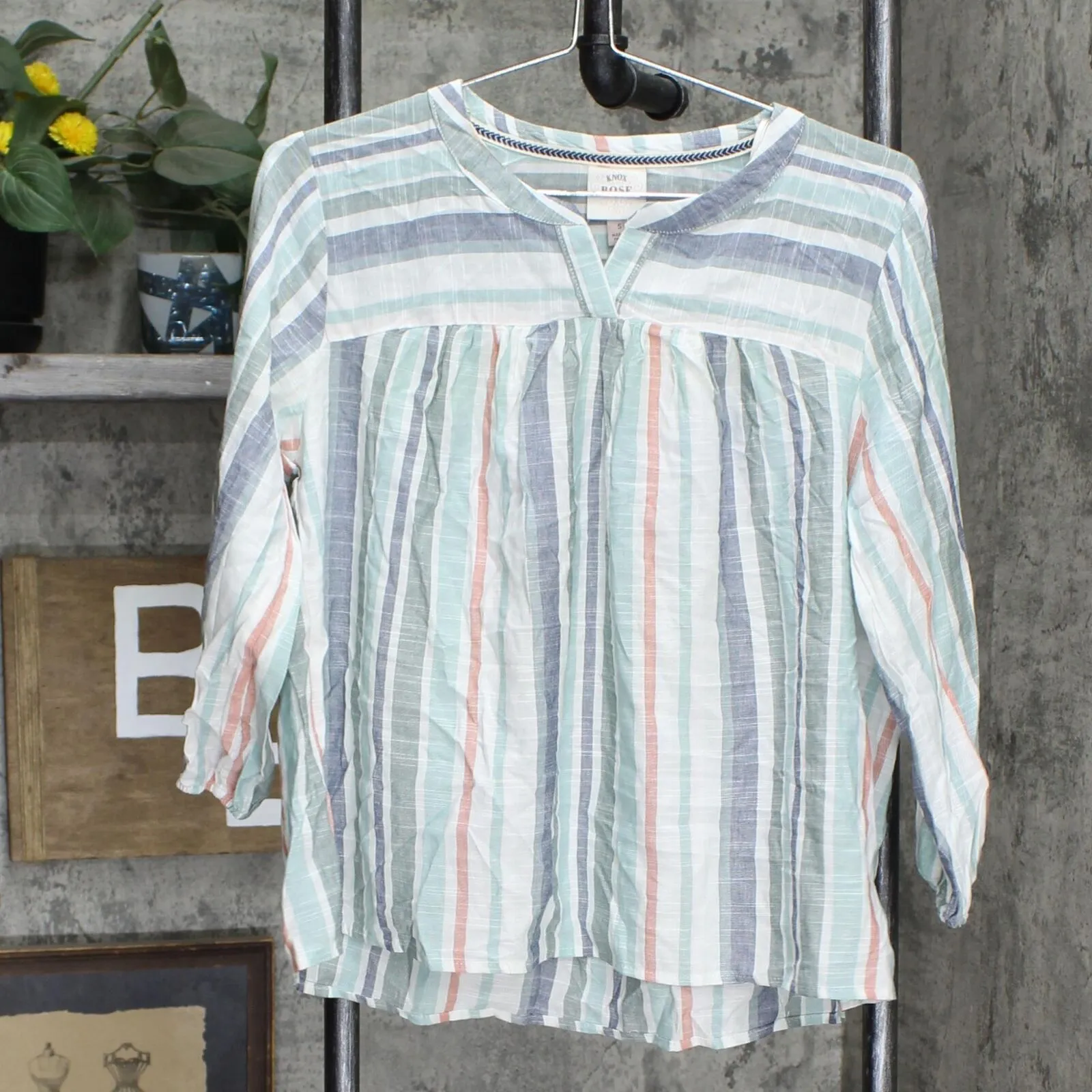 Knox Rose Women's Bishop Long Sleeve Embroidered Top White Striped S