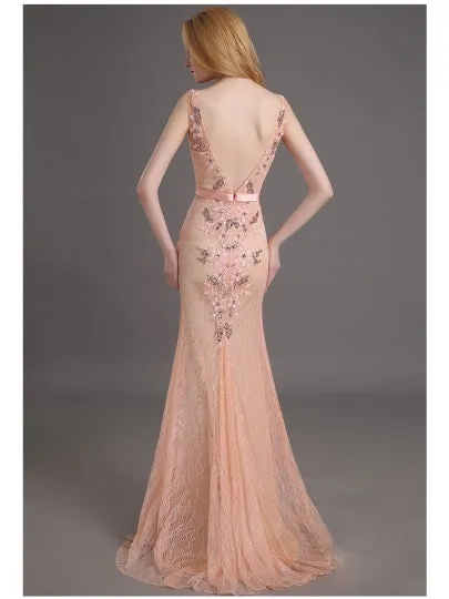 Lace Column Beading Evening Dress