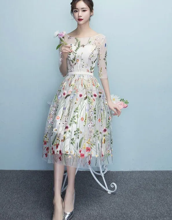 Lace Floral Elegant 1/2 Sleeves Knee Length Round Neckline Party Dress, Homecoming Dress , Party Dress