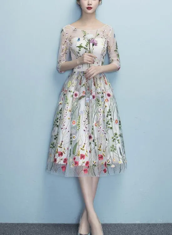 Lace Floral Elegant 1/2 Sleeves Knee Length Round Neckline Party Dress, Homecoming Dress , Party Dress