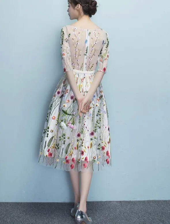 Lace Floral Elegant 1/2 Sleeves Knee Length Round Neckline Party Dress, Homecoming Dress , Party Dress