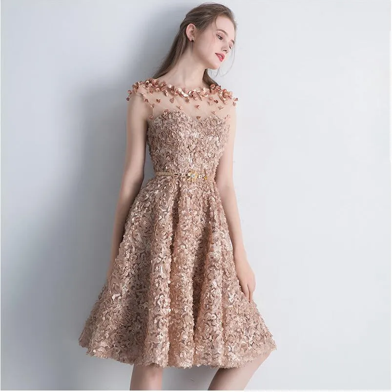 Lace Short Cute A-line Round Neckline Homecoming Dress, Lace Party Dress Formal Dress