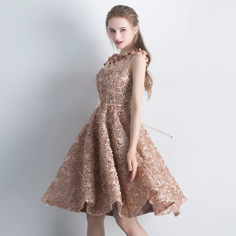 Lace Short Cute A-line Round Neckline Homecoming Dress, Lace Party Dress Formal Dress