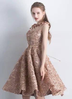 Lace Short Cute A-line Round Neckline Homecoming Dress, Lace Party Dress Formal Dress
