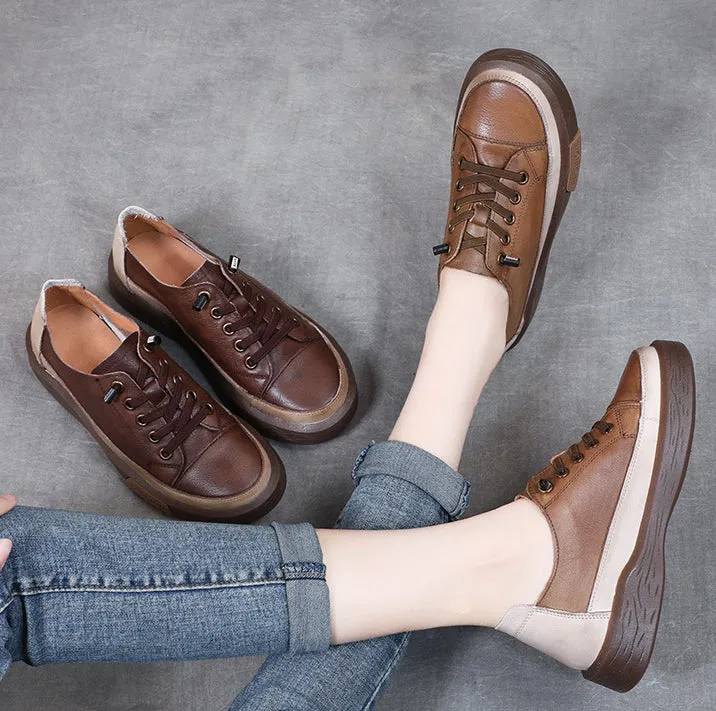 Lace-up Genuine Leather Soft Sole Retro Women's Shoes Handmade Cowhide Flat Shoes