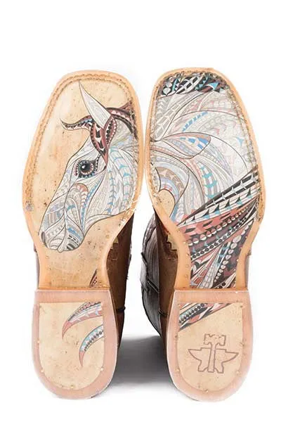 Ladies Tin Haul Sunka Wakan Wide Square Toe Boot w/ Native Horse Obvious Sole