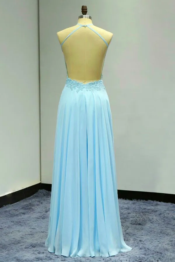 Light Blue Floor Length Halter Beaded Backless Party Dresses, A-line Formal Dresses
