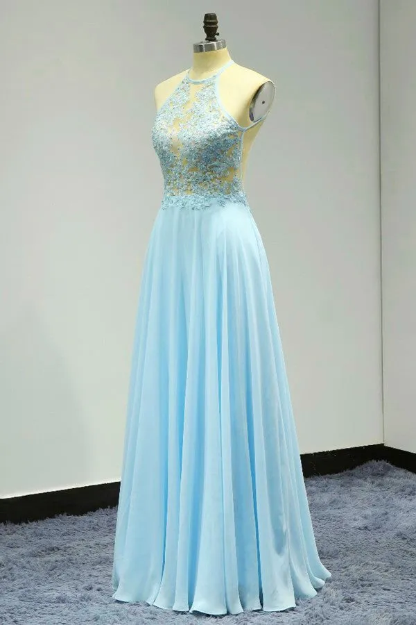 Light Blue Floor Length Halter Beaded Backless Party Dresses, A-line Formal Dresses
