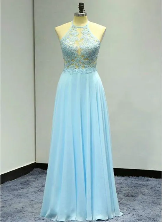 Light Blue Floor Length Halter Beaded Backless Party Dresses, A-line Formal Dresses