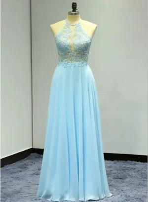 Light Blue Floor Length Halter Beaded Backless Party Dresses, A-line Formal Dresses