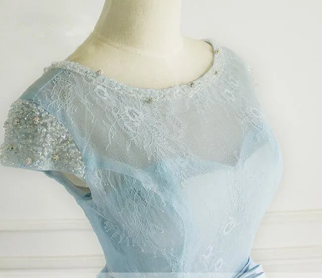 Light Blue Lace Cap Sleeves Cute Short Party Dress, Blue Homecoming Dress
