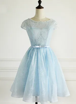 Light Blue Lace Cap Sleeves Cute Short Party Dress, Blue Homecoming Dress