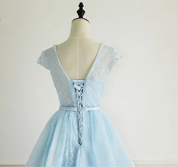 Light Blue Lace Cap Sleeves Cute Short Party Dress, Blue Homecoming Dress