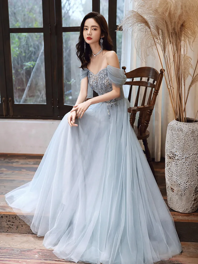 Light Blue Off Shoulder A-line Tulle Evening Dress Prom Dress, Blue Long Party Dresses