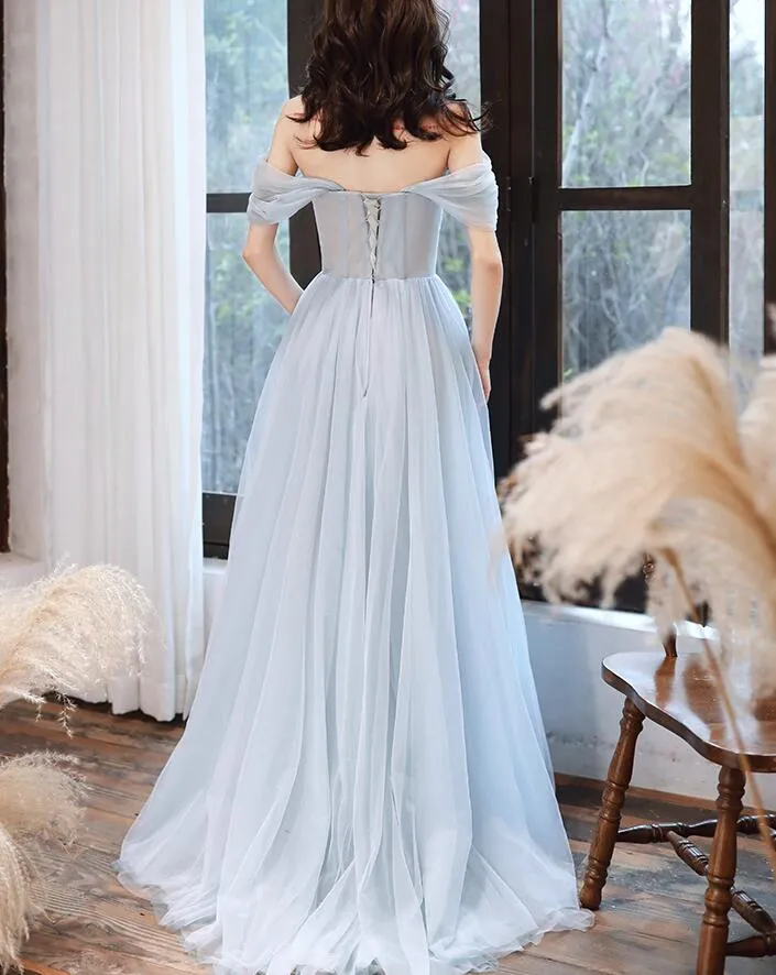 Light Blue Off Shoulder A-line Tulle Evening Dress Prom Dress, Blue Long Party Dresses
