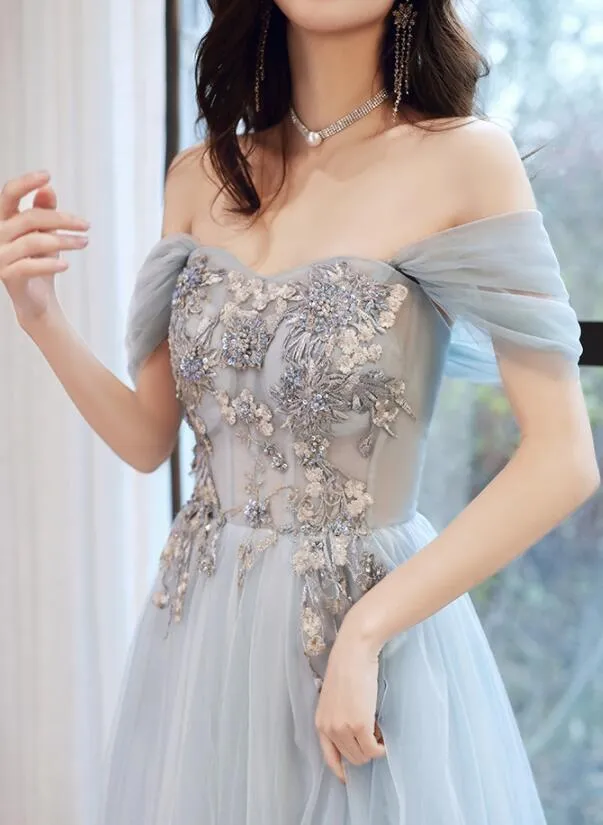 Light Blue Off Shoulder A-line Tulle Evening Dress Prom Dress, Blue Long Party Dresses