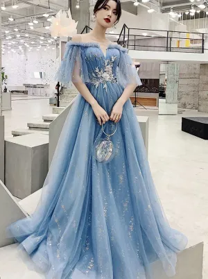 Light Blue Tulle Off Shoulder with White Lace Party Dress, Blue Formal Dress Gowns