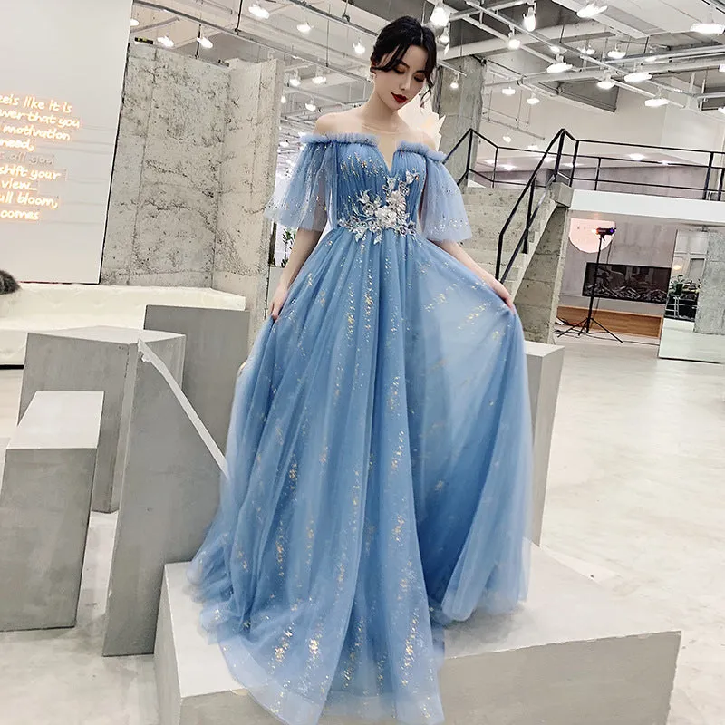 Light Blue Tulle Off Shoulder with White Lace Party Dress, Blue Formal Dress Gowns