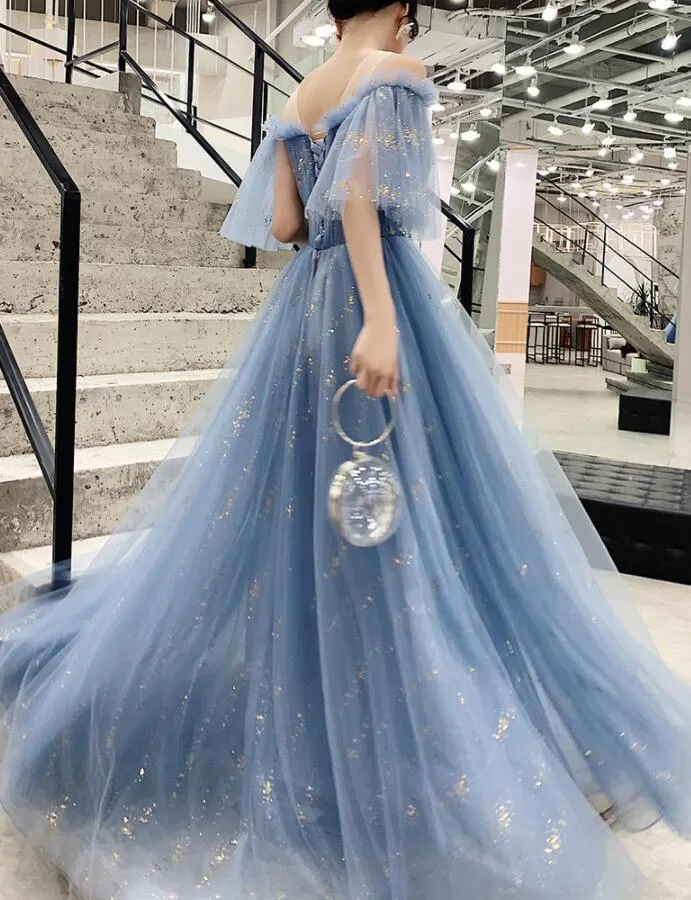 Light Blue Tulle Off Shoulder with White Lace Party Dress, Blue Formal Dress Gowns