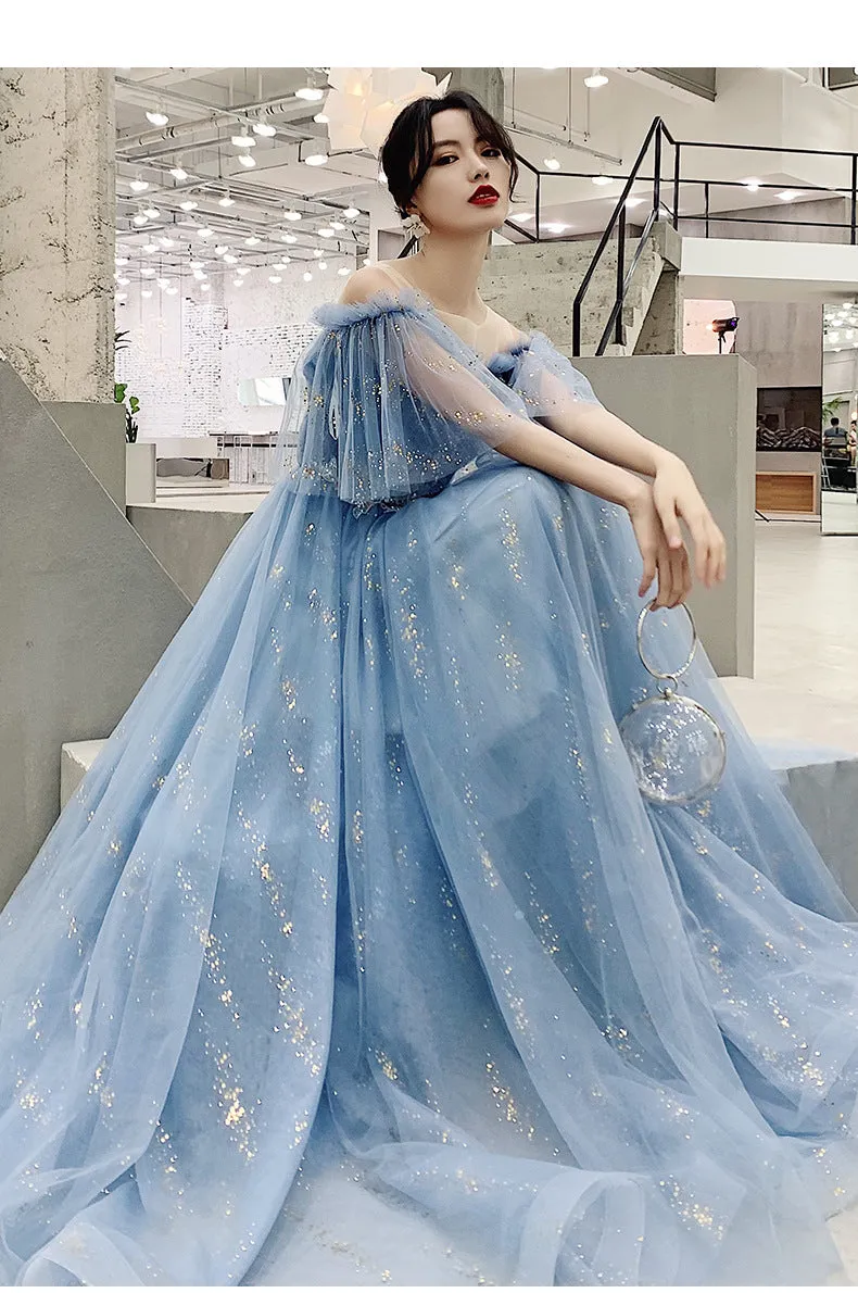 Light Blue Tulle Off Shoulder with White Lace Party Dress, Blue Formal Dress Gowns